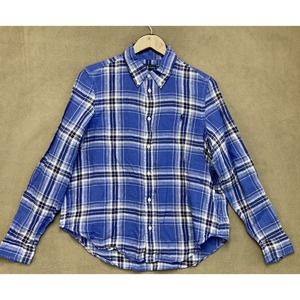 Polo Ralph Lauren 100% Linen Shirt Mens Large Blue Plaid Long Sleeve Button Up
